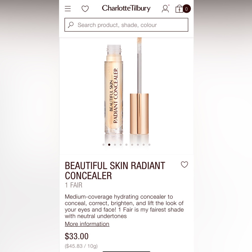 NWT- Charlotte Tilbury- Beautiful Skin Radiant Concealer- 3.5 fair
